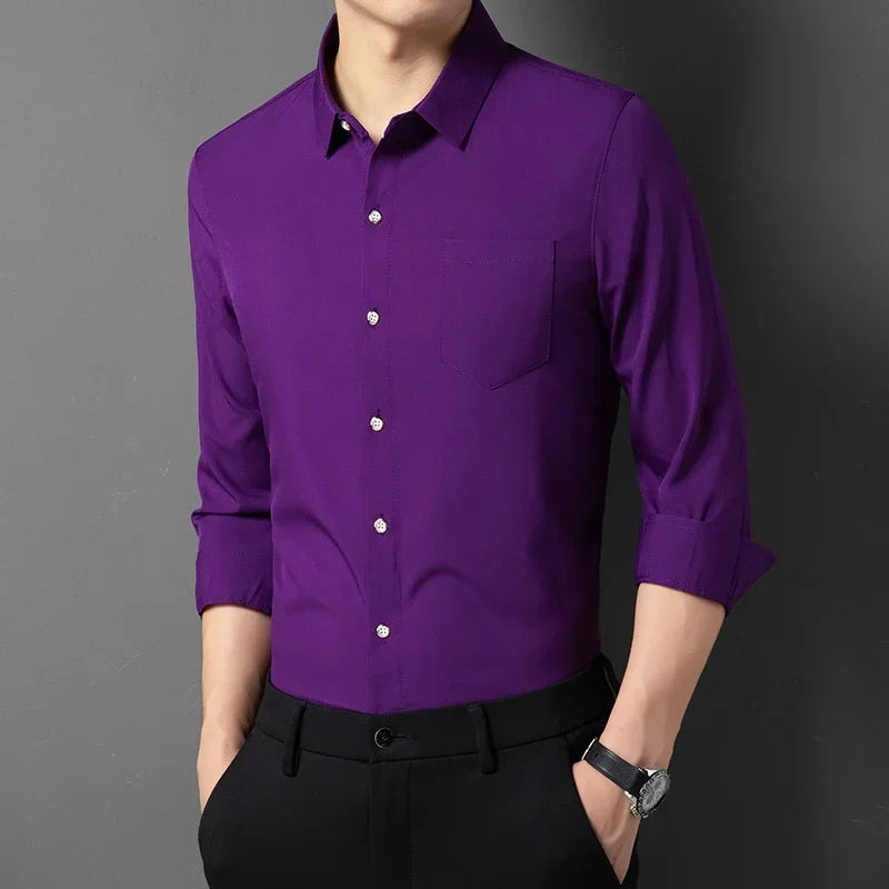 PURPLE Color Men's Wrinkle-Resistant Long Sleeve Smart Casual Shirt