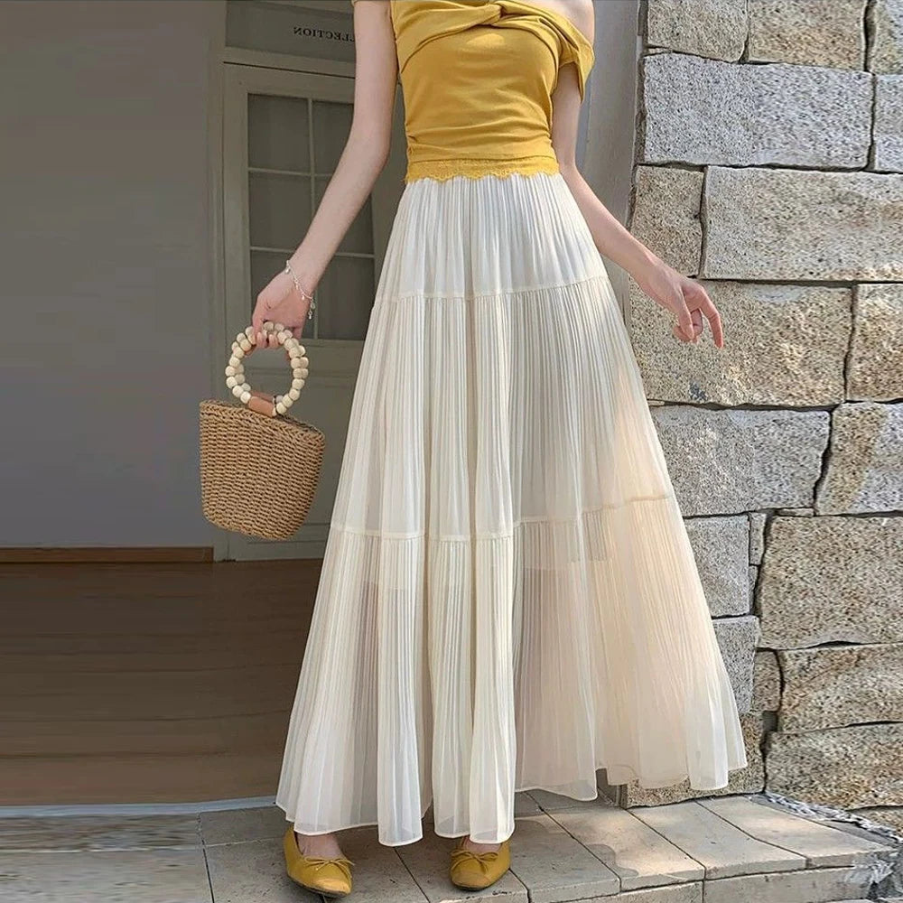 Women’s Pleated Chiffon A-Line Midi Skirt Elastic Waist