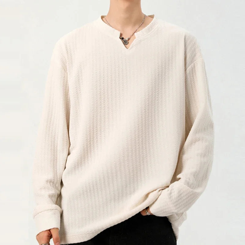 Men's Casual V-Neck Long Sleeve Textured Knit Tee