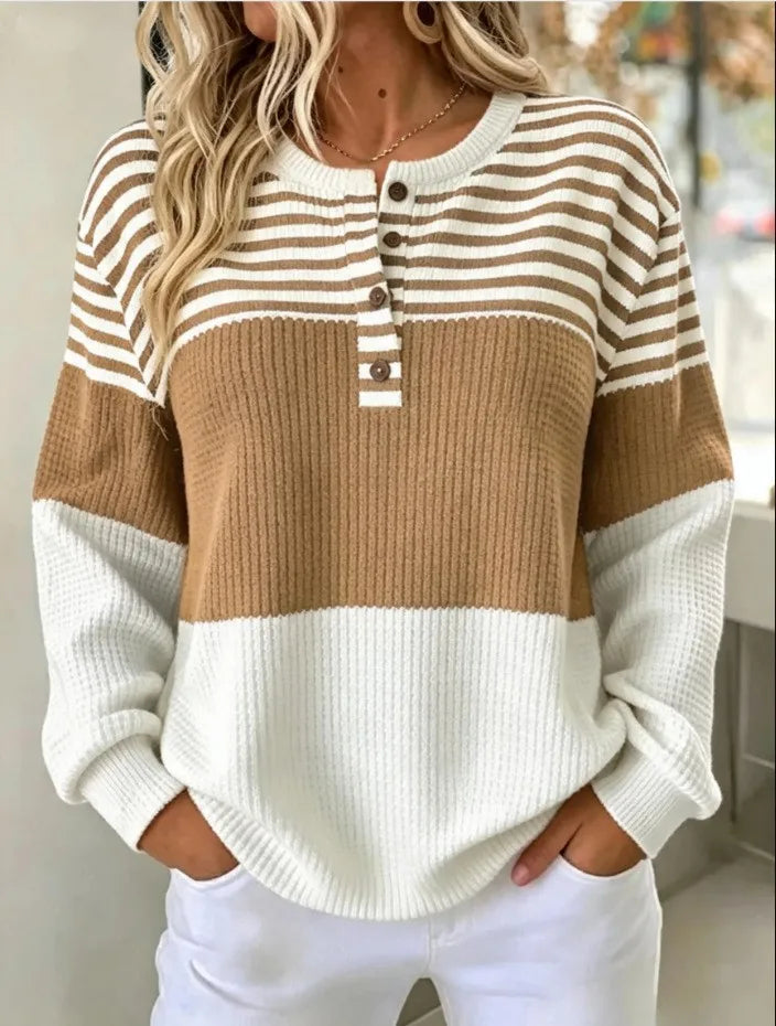 Khaki Color Women’s Striped Waffle Knit Pullover – Loose Casual Fit