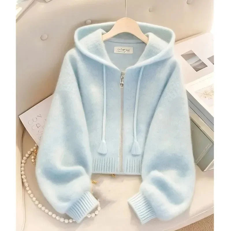 2 Color Women’s Hooded Knit Cardigan Jacket Single-Breasted