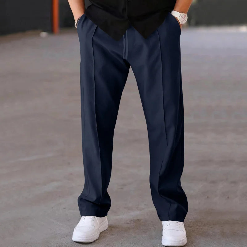 Navy Color Men’s Casual Drawstring Pants Straight Leg Mid Waist