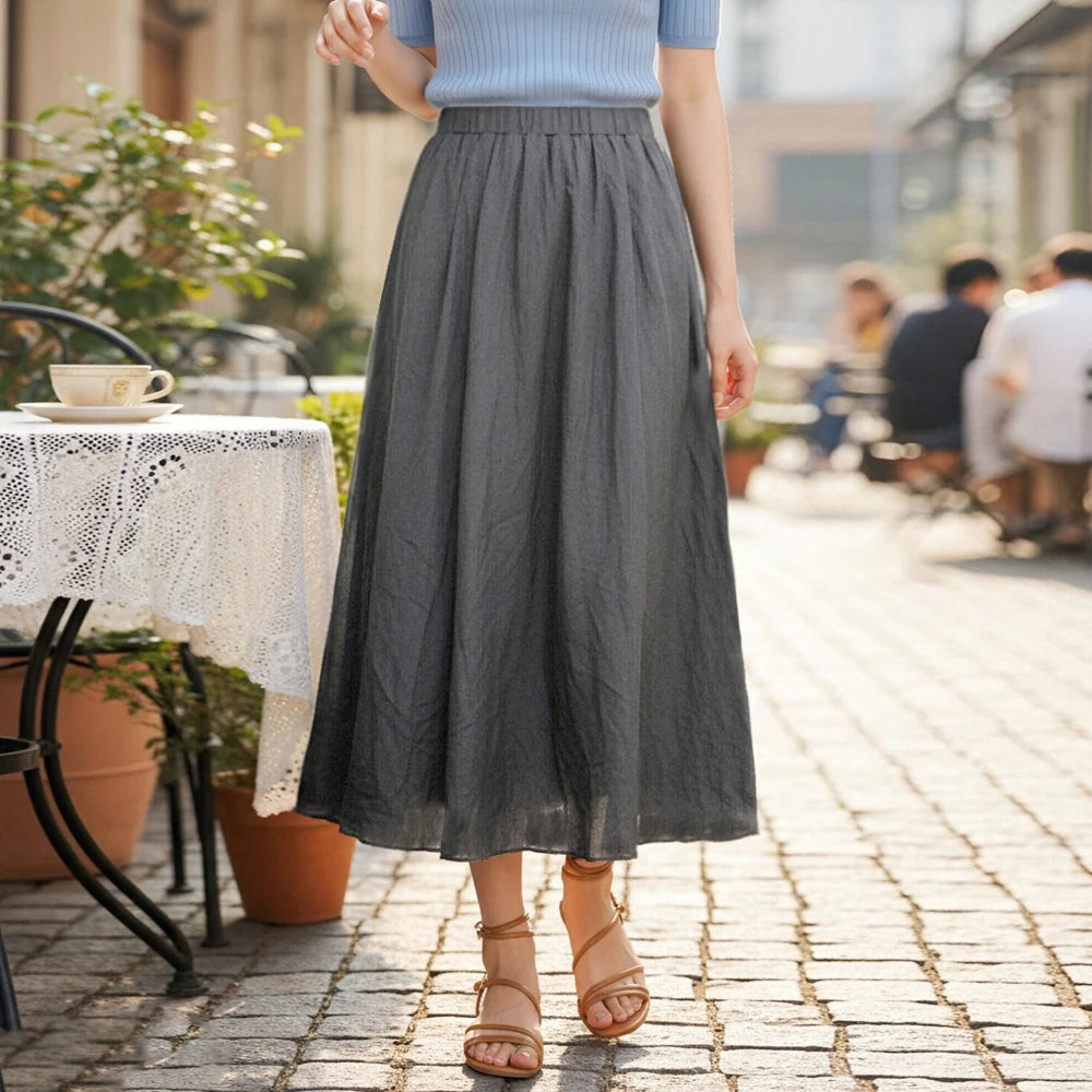 H432   Grey Color Women’s Pleated Chiffon A-Line Midi Skirt Elastic Waist