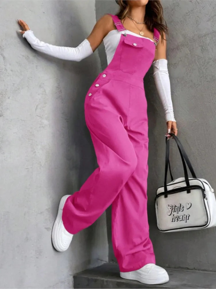 Rose Red Color Women’s Loose Wide Leg Bib Overalls With Pockets