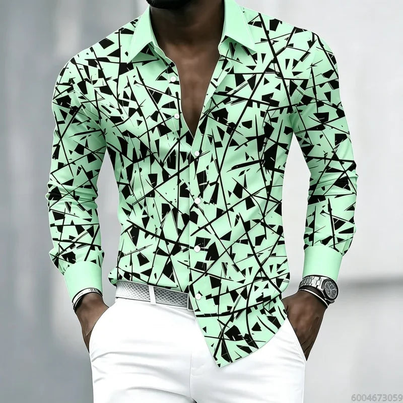 YCZWZW080798I Color Men's Geometric Print Lapel Shirt Casual Long Sleeve
