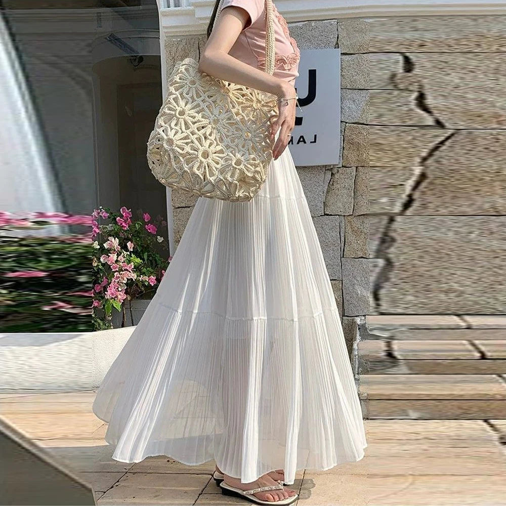 Women’s Pleated Chiffon A-Line Midi Skirt Elastic Waist