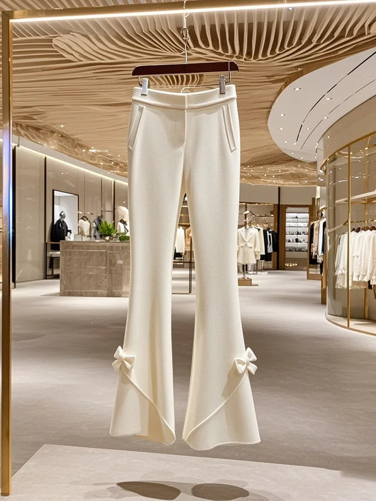 Women’s High Waist Knit Flare Pants With Bow Detail