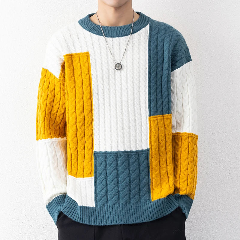 Men’s Patchwork Knit Sweater – Casual Autumn Winter Pullover