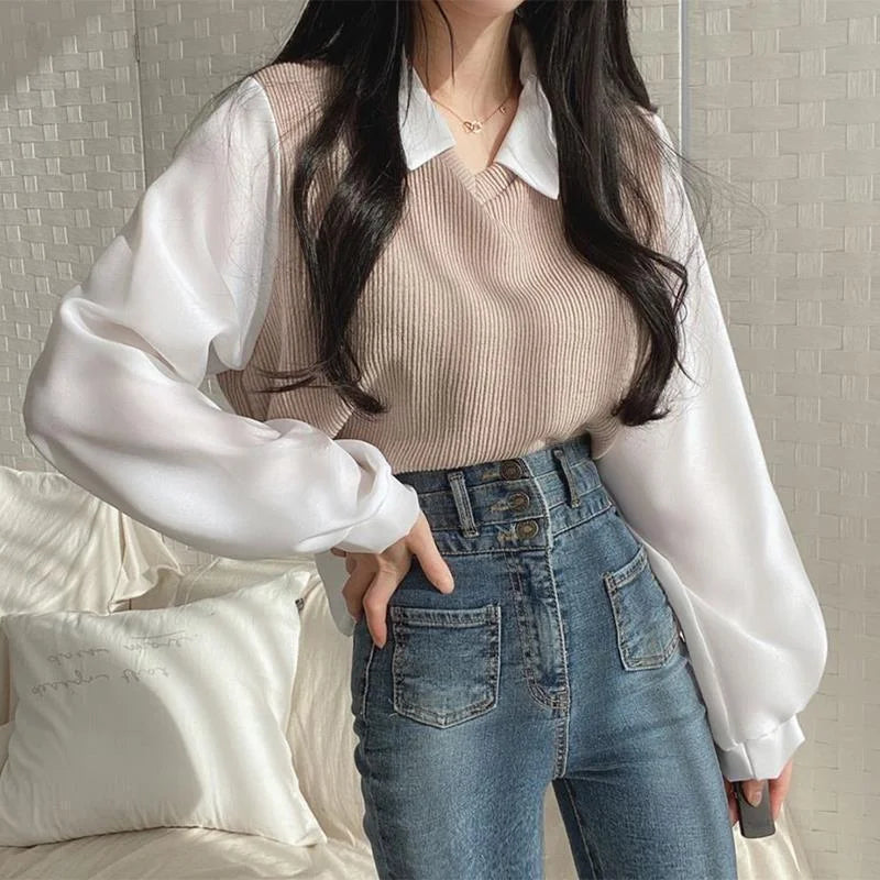Ribbed Knit Vest Polo Top With Chiffon Long Sleeves