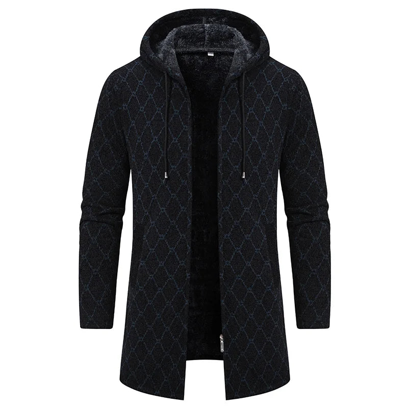 8828 Black Color Men's Knit Hooded Cardigan Coat With Fleece Lining