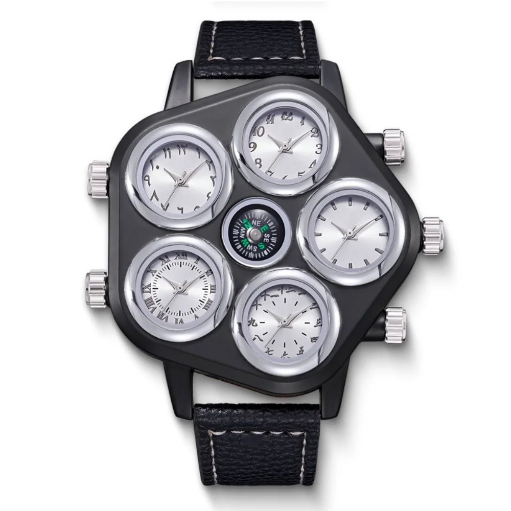WHITE Color Men's Multi-Time Zone Large Dial Quartz Leather Watch