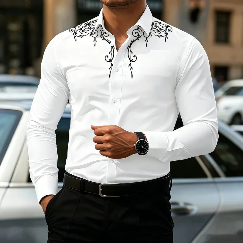 Men's Retro Print Dress Shirt With Turn-Down Collar