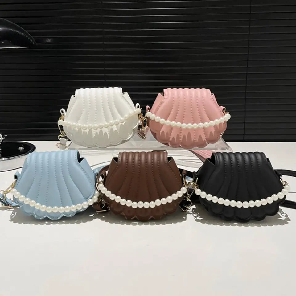 Pearl Handle Shell Crossbody Bag For Women PU Leather
