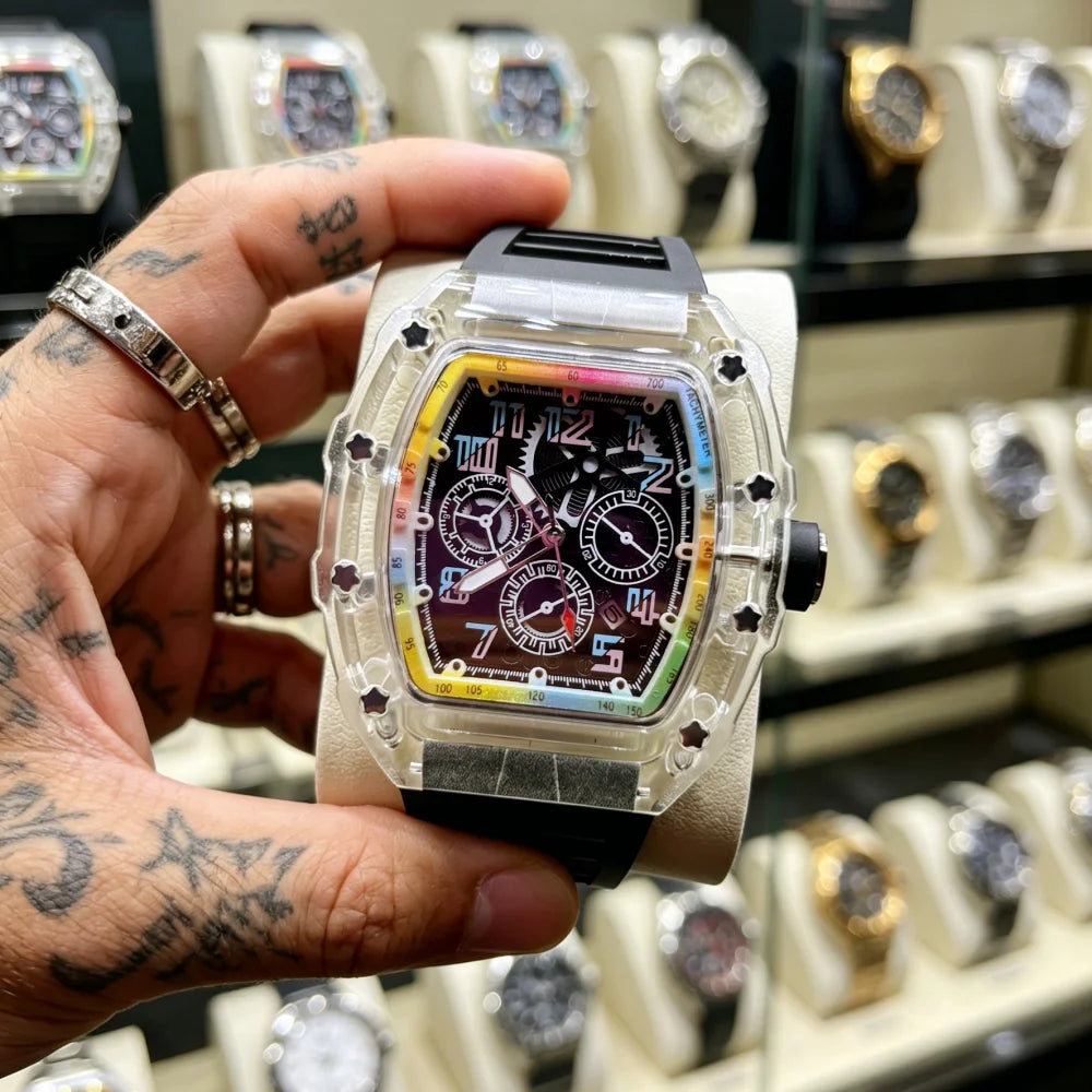 Men's Tonneau Quartz Watch With Transparent Rainbow Dial