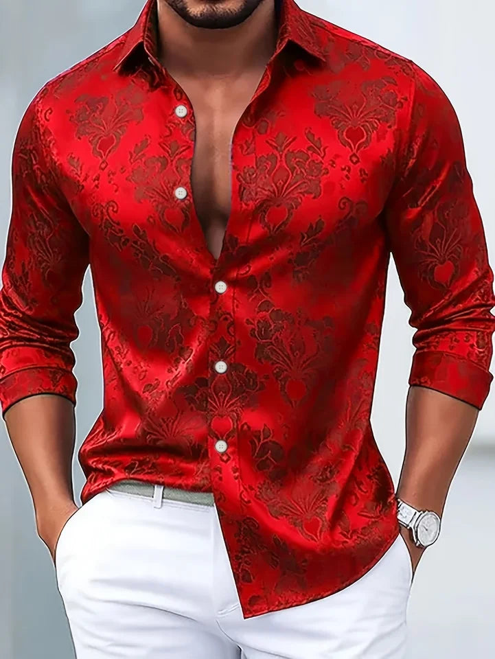 Men's Floral Satin Button Down Shirt For Parties
