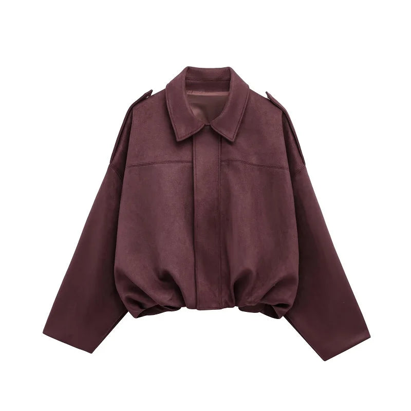 Burgundy Color Women’s Faux Suede Bomber Jacket Zip-Up Oversized Coat