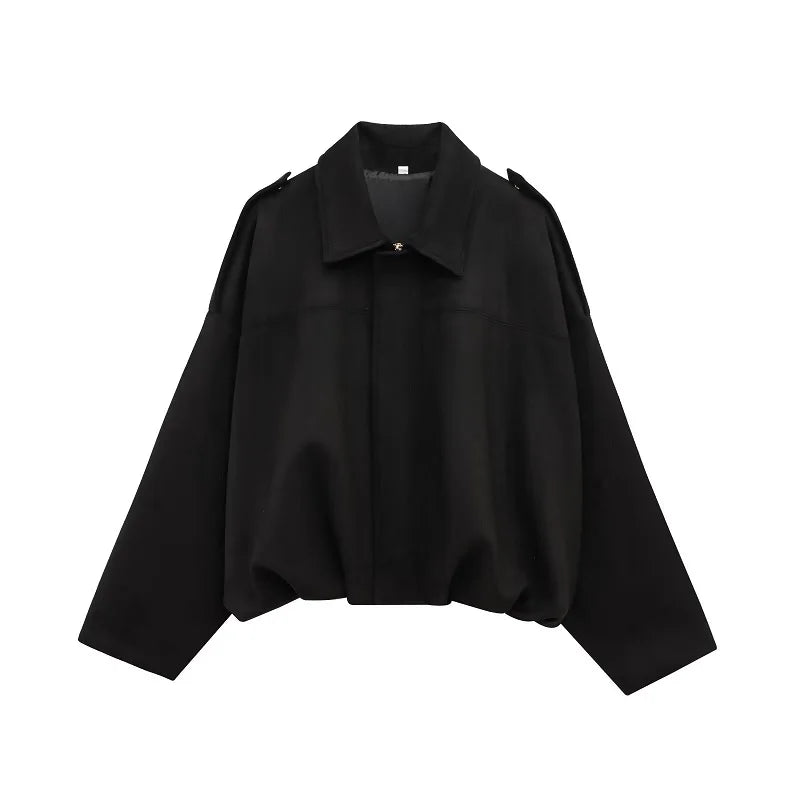 black Color Women’s Faux Suede Bomber Jacket Zip-Up Oversized Coat