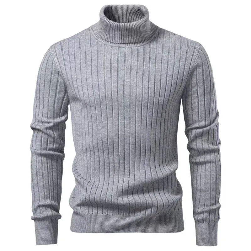 Light Gray Color Men's Striped Turtleneck Knit Sweater – Warm Casual