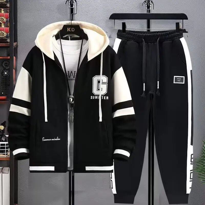 KS07-Black Color Men’s Korean Style Hoodie Tracksuit Set With Sweatpants