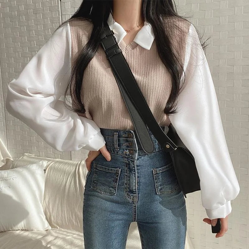Ribbed Knit Vest Polo Top With Chiffon Long Sleeves