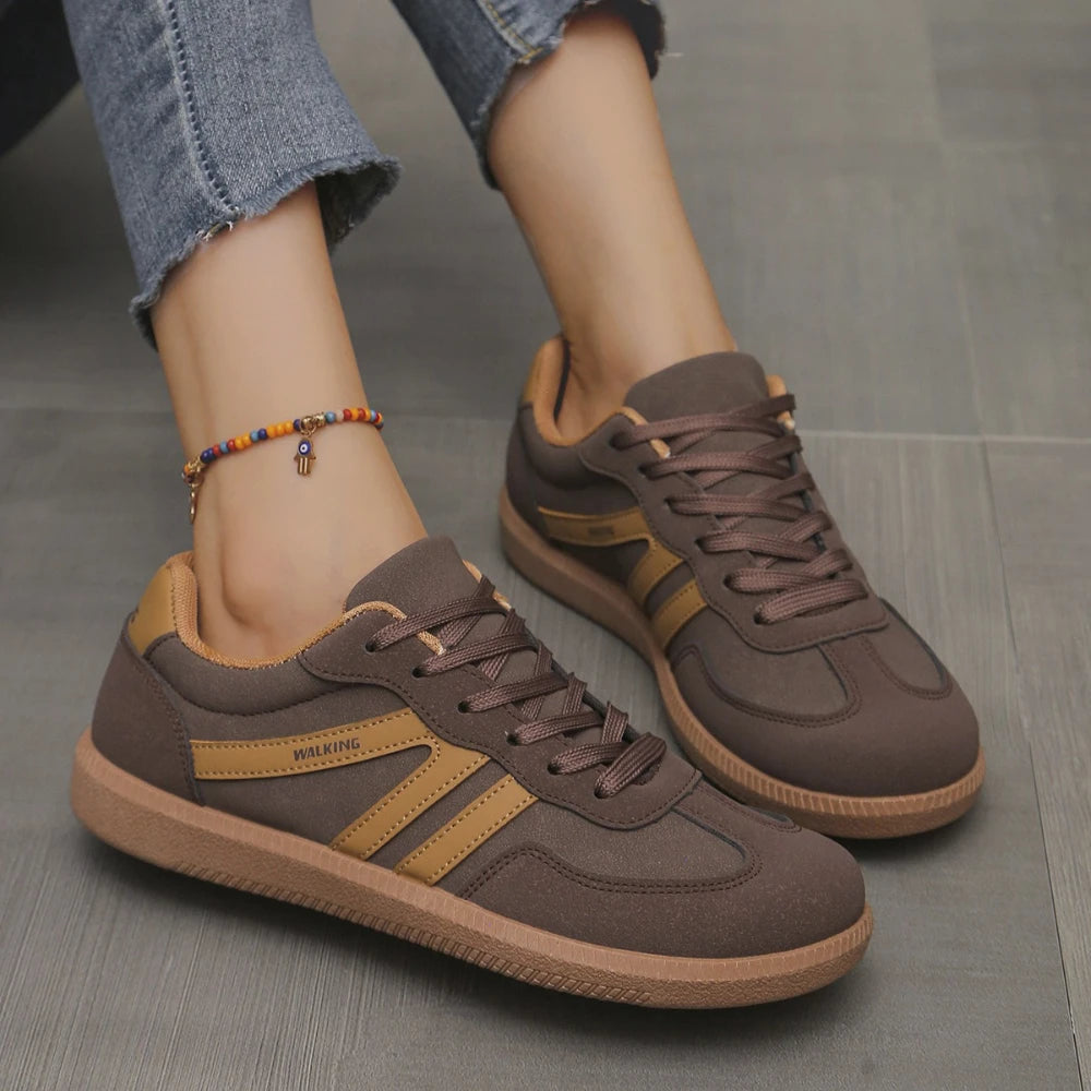 brown Color Women’s Colorblock Casual Sneakers – Low Flat Lace-Up