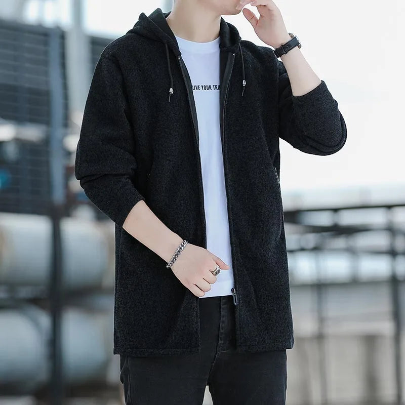 8826 Black Color Men's Knit Hooded Cardigan Coat With Fleece Lining