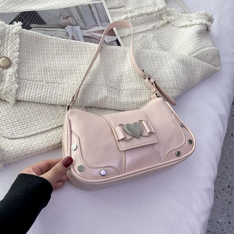 Pink-Love Color Bow Shoulder Underarm Bag For Women PU Saddle Handbag