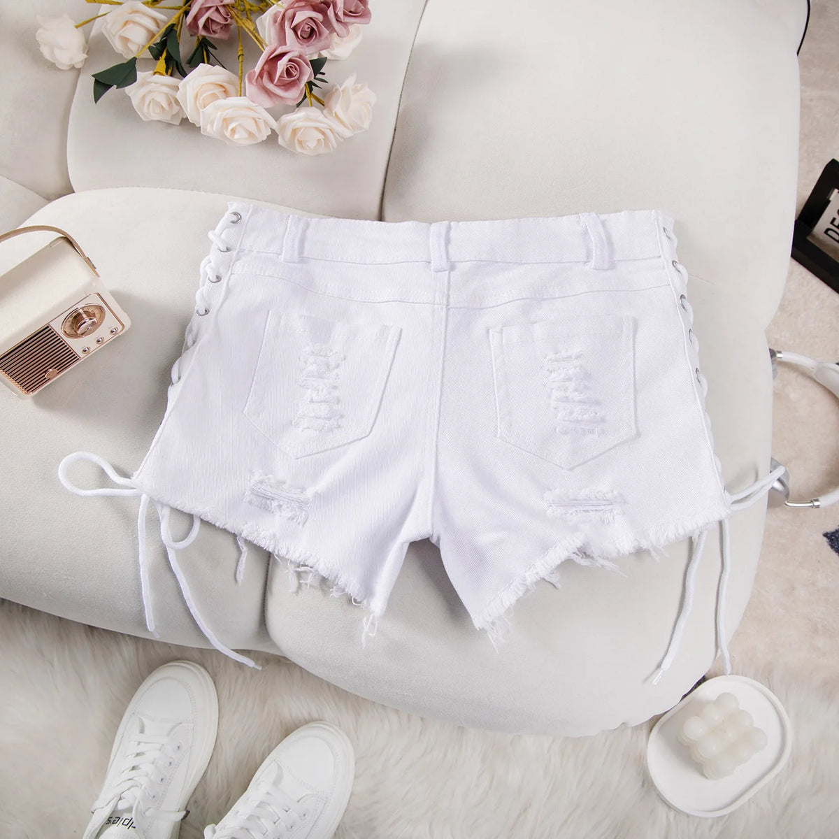 High Waist Lace-Up Denim Shorts For Women
