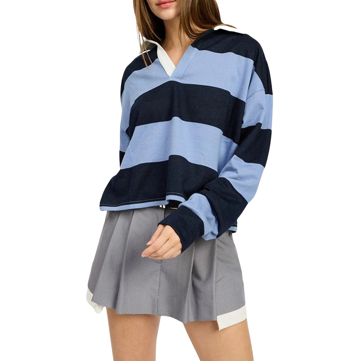 Blue Color Women’s Striped Cropped Pullover Long Sleeve Top