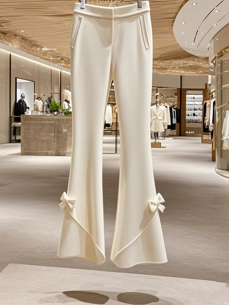 Women’s High Waist Knit Flare Pants With Bow Detail