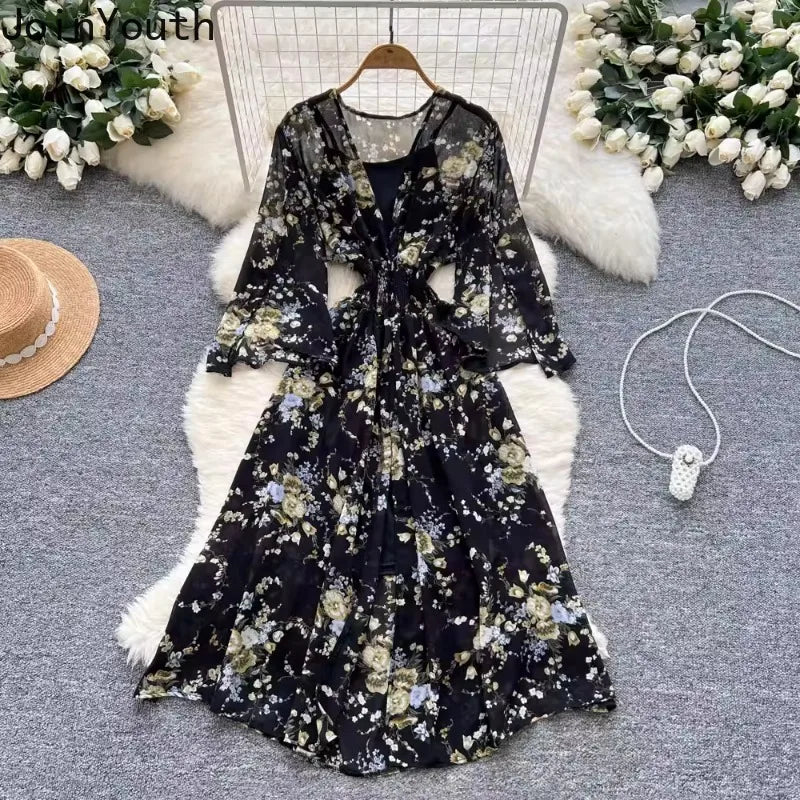 Women’s Floral Chiffon Two-Piece Midi Dress Set