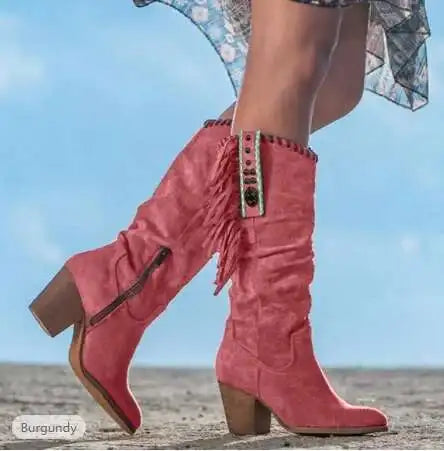 Women’s Tassel Knee-High Western Boots With Wedge Heel