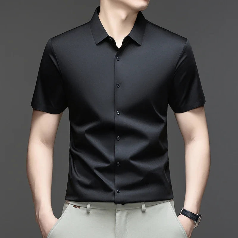 black Color Men's Ice Silk Short Sleeve Shirt – Lightweight Casual