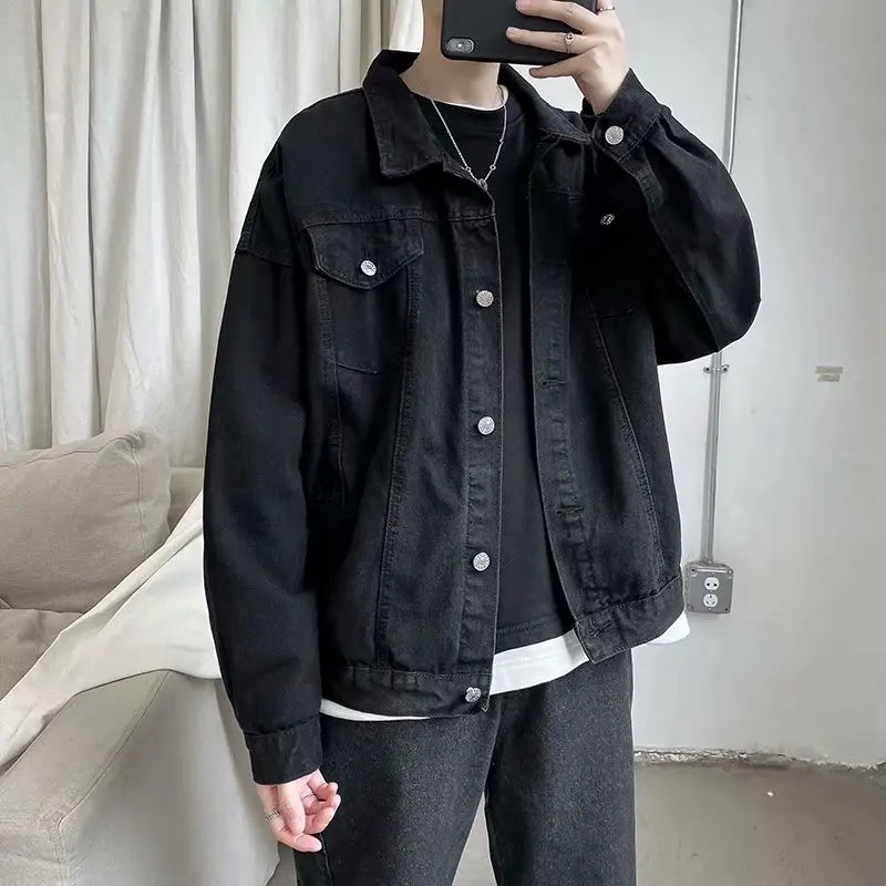 Men's Black Denim Jacket With Pockets, Short Streetwear
