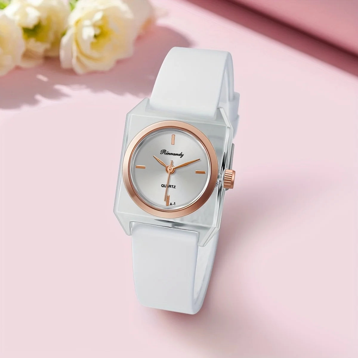 White Color Women’s Rectangle Quartz Watch with Soft Silicone Strap
