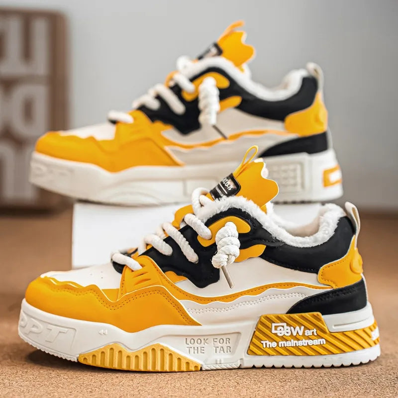 Plush Yellow Color Men's Winter Plush Skate Sneakers Non-Slip Casual Shoes