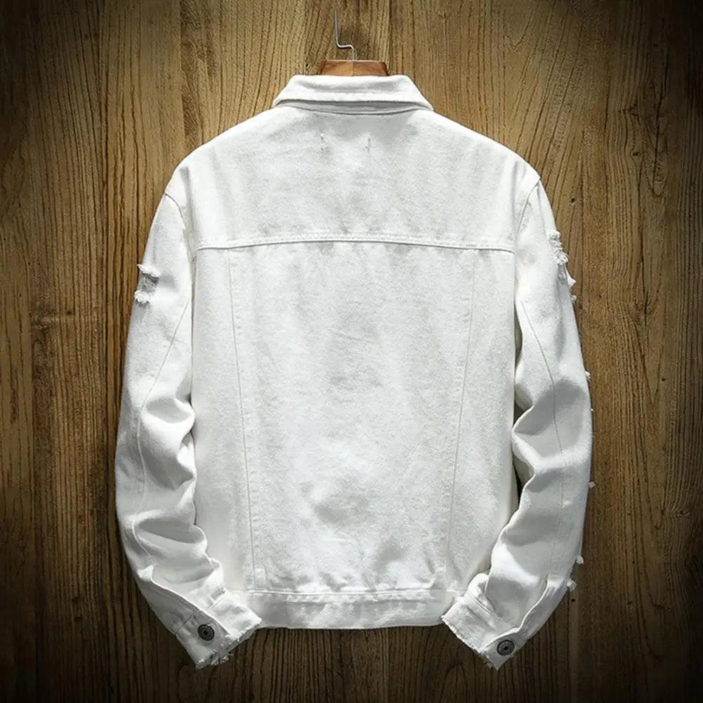 Men’s Ripped Denim Jacket Solid Color Streetwear Coat