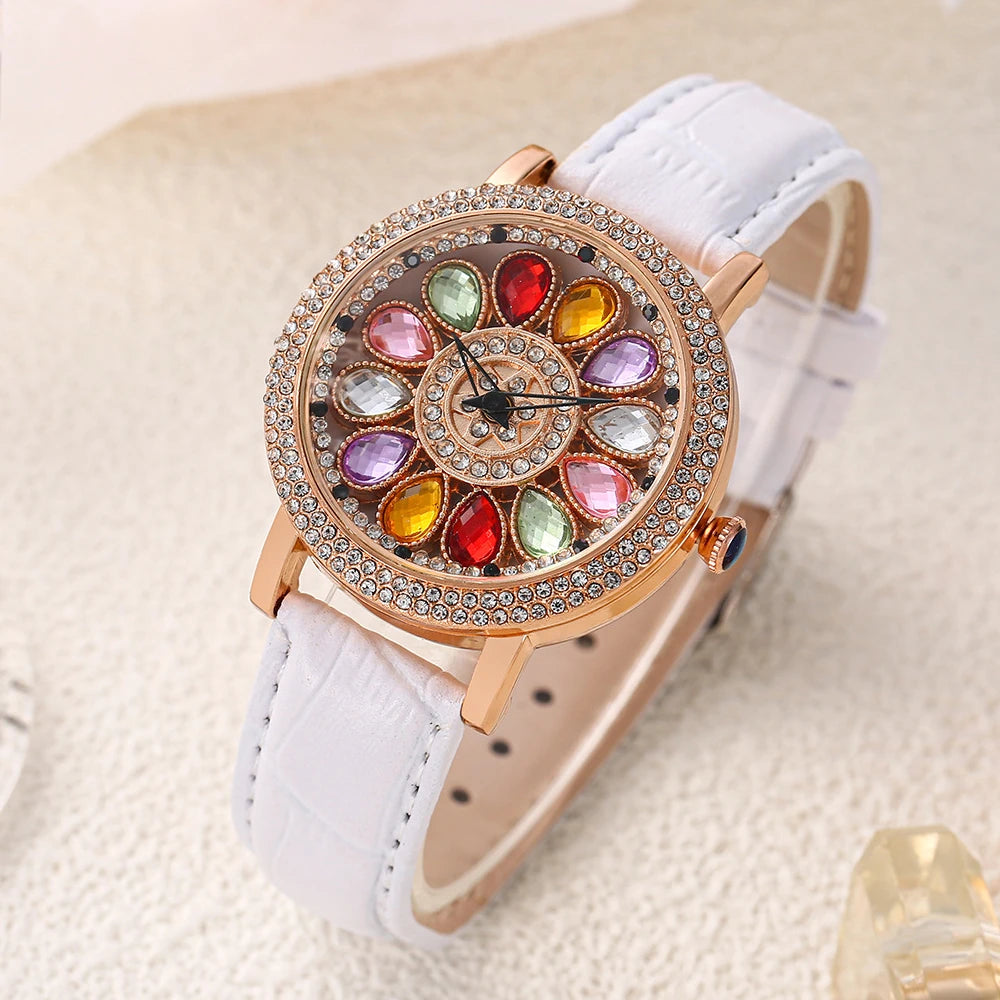 white Color Women’s Quartz Dress Watch With Rhinestone Rotating Dial