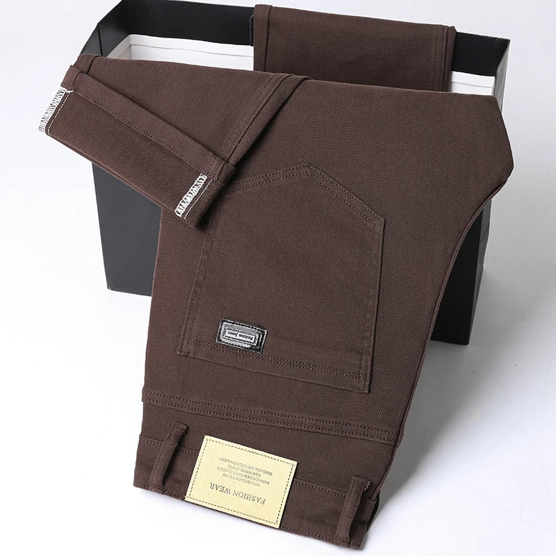 Dark Coffee Color Men's White Straight Jeans Cotton Blend Business Casual