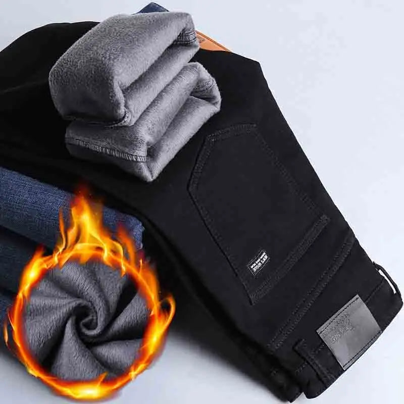 black Color Men's Fleece-Lined Stretch Jeans – Warm Straight Fit