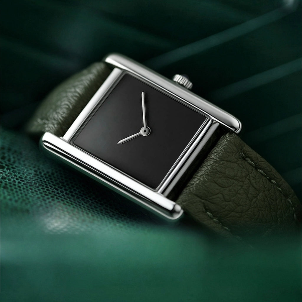 Men's Rectangular Leather Strap Quartz Dress Watch