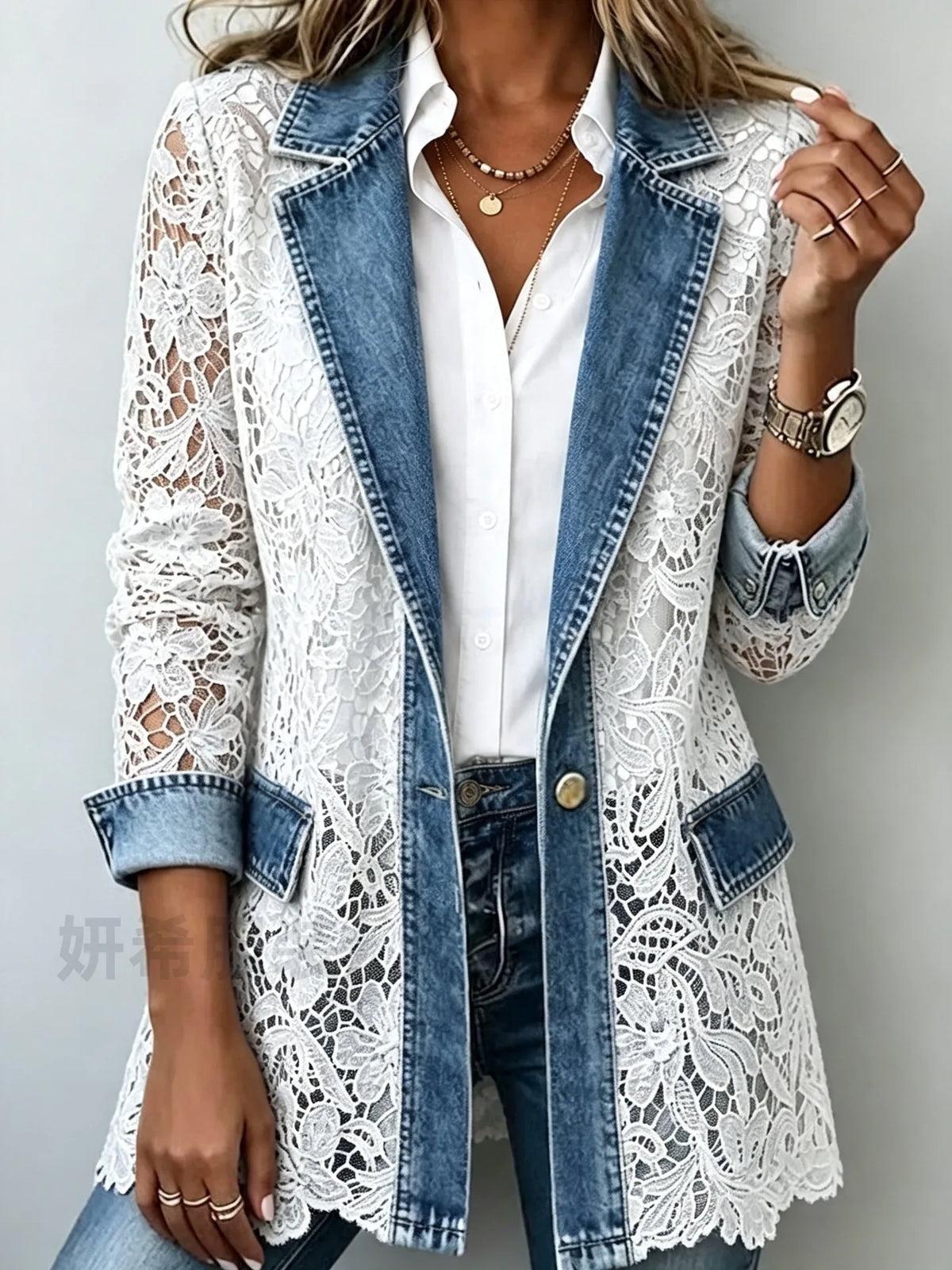 White Color Women’s Lace Spliced Denim Blazer Jacket With Hollow Floral