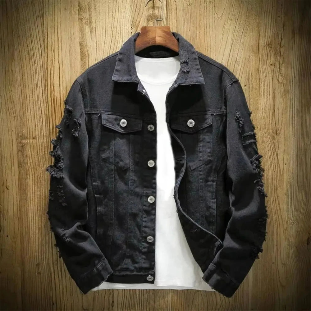 Men’s Ripped Denim Jacket Solid Color Streetwear Coat