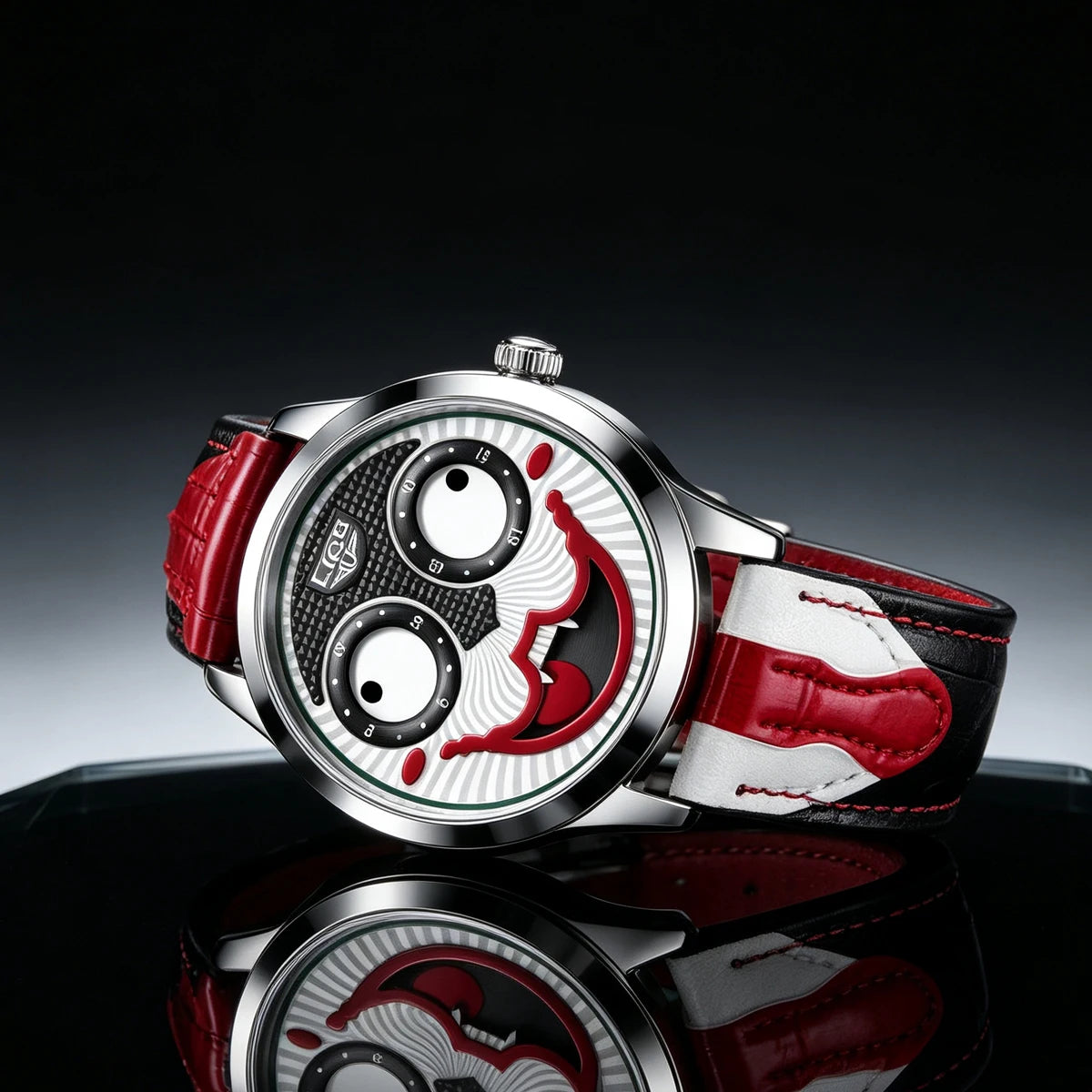 White Color Men’s Quartz Watch With Clown Dial Leather Strap