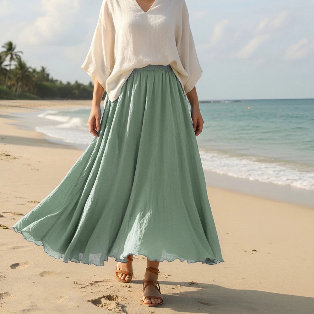 H432   Green Color Women’s Pleated Chiffon A-Line Midi Skirt Elastic Waist