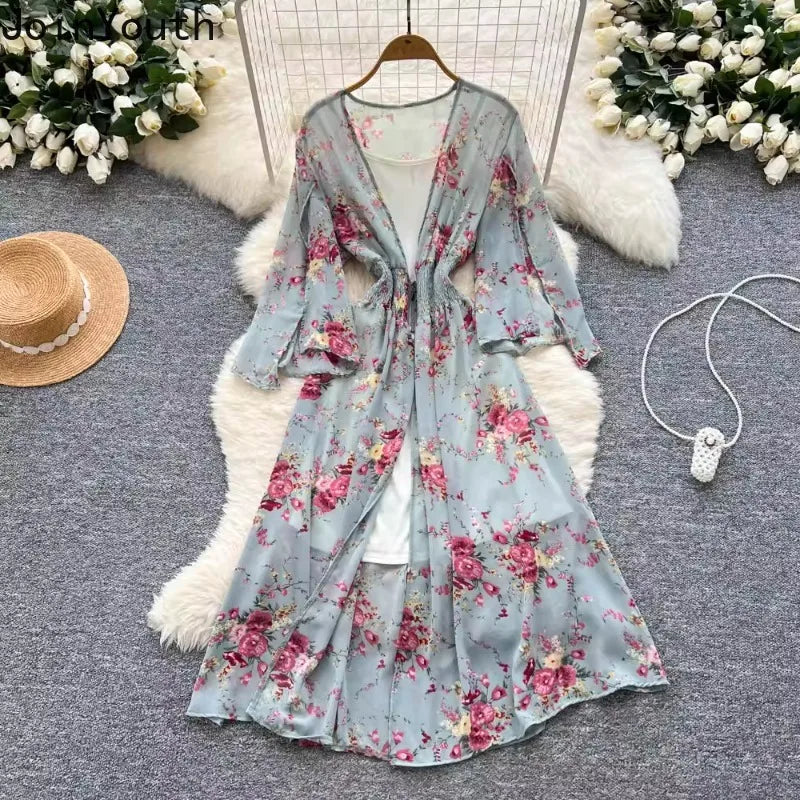 Women’s Floral Chiffon Two-Piece Midi Dress Set