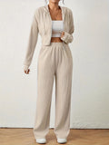 Beige Color Women’s Hooded Two-Piece Jogger Set With Zipper Top