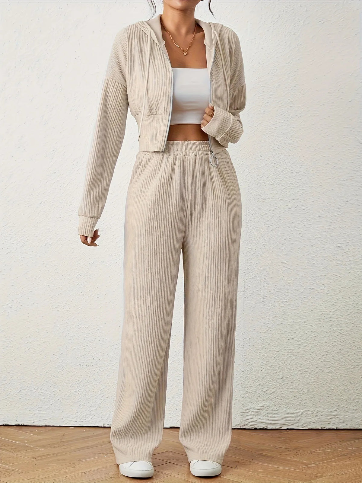 Beige Color Women’s Hooded Two-Piece Jogger Set With Zipper Top