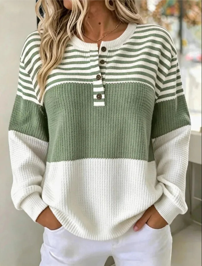 Green Color Women’s Striped Waffle Knit Pullover – Loose Casual Fit