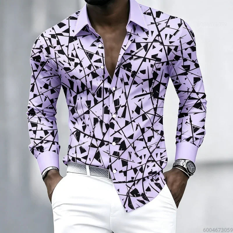 YCZWZW080798E Color Men's Geometric Print Lapel Shirt Casual Long Sleeve